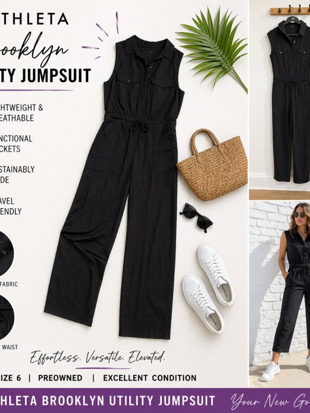 Athleta Brooklyn Utility Jumpsuit Black Size 6 Sleeveless Cinch Waist Travel